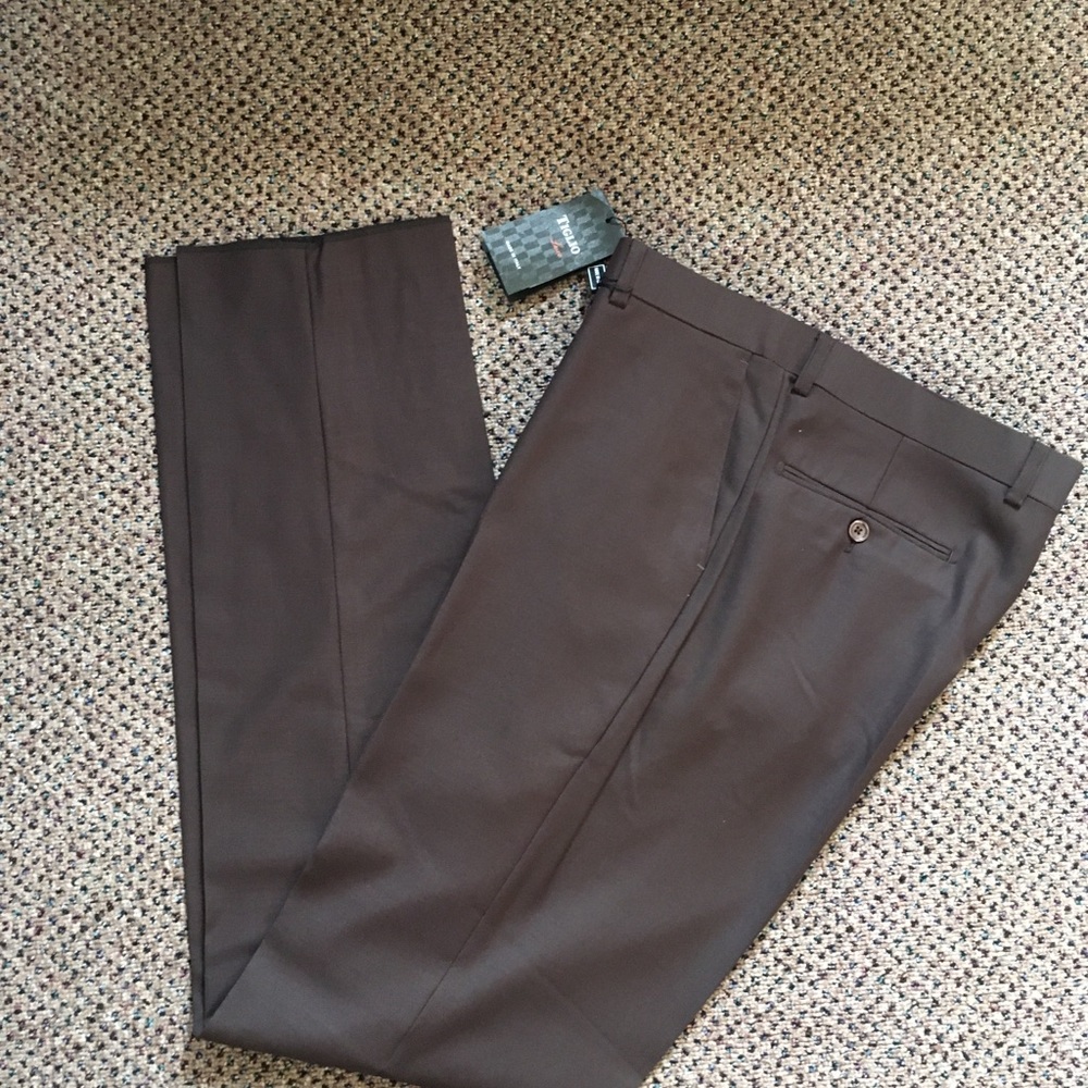 Tiglio men’s dress pants 34w brown wool super 150s Italy flat front new nwt 68